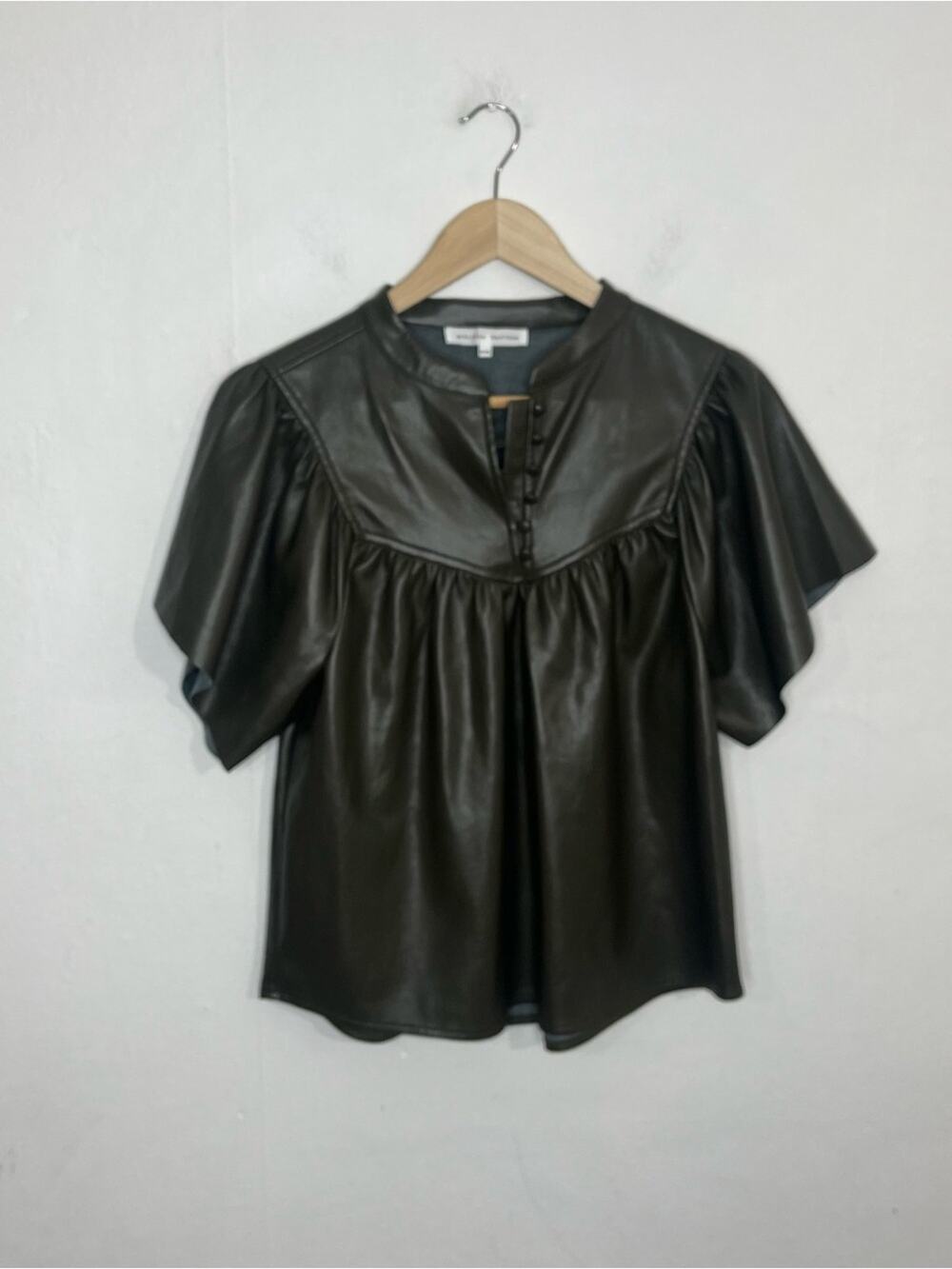 MELISSA NEPTON Lanni Vegan Leather Dark Khaki Blouse Top Size Medium
